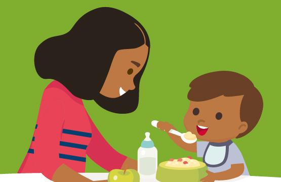 Cartoon illustration of young child eating while supervised by mother