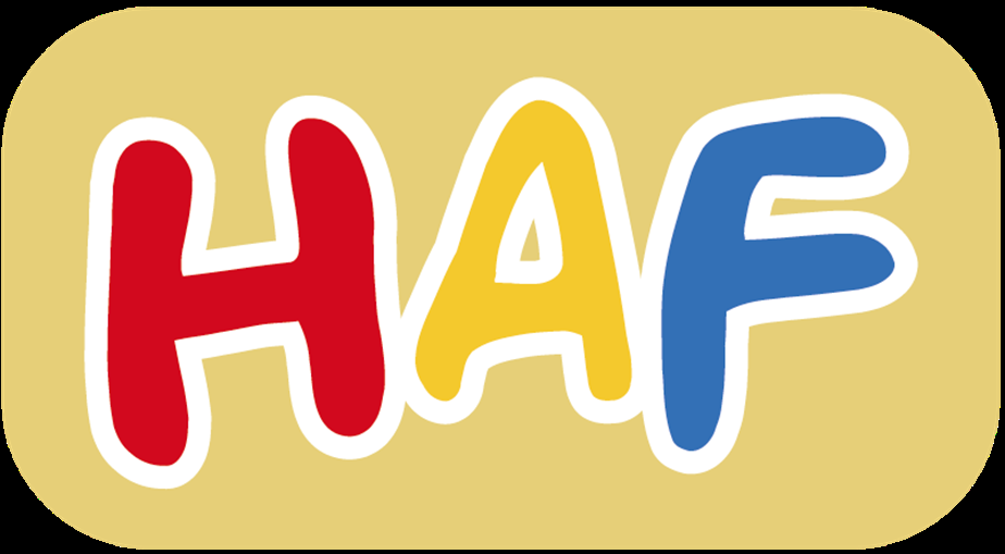 Yellow logo with red H, yellow A, blue F spelling out HAF