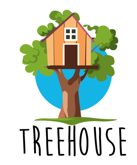 Cartoon illustration of a wooden treehouse in a tree against a blue background with the word 'Treehouse' underneath