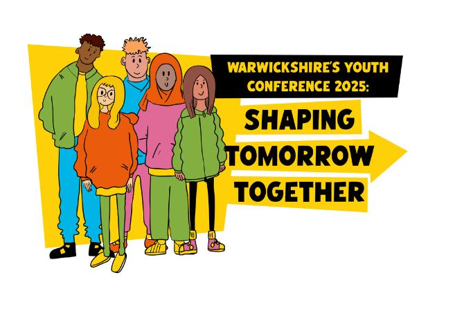 An image of young people standing next to the words 'shaping tomorrow together'